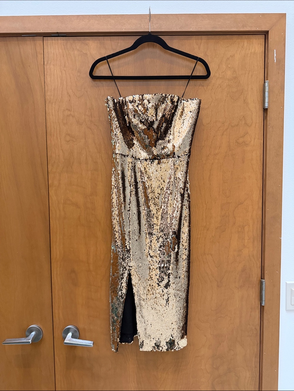 Dress the Population Gold Sequin Strapless Midi Dress with Slit